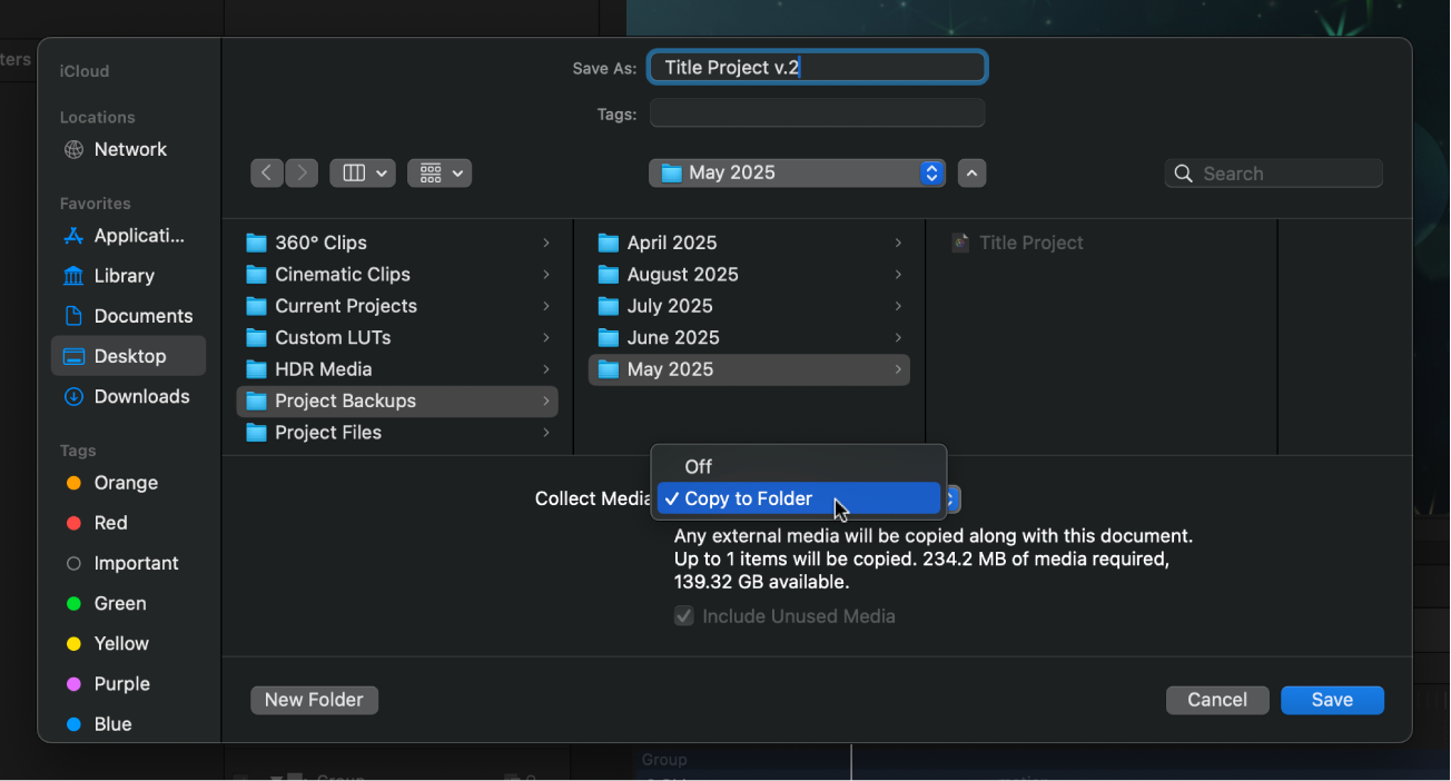 Save dialog showing Collect Media pop-up menu options