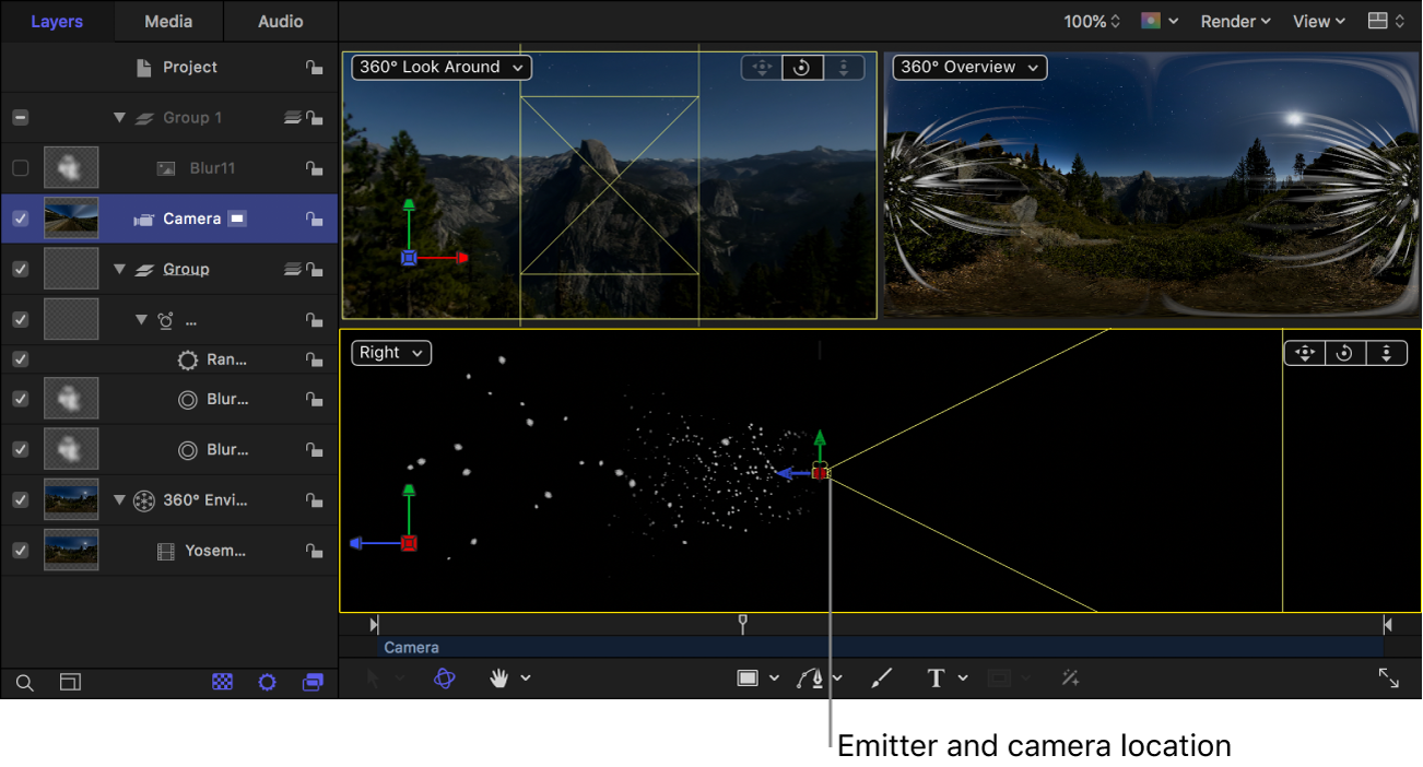 3D canvas view showing the particle emitter and camera in the same location