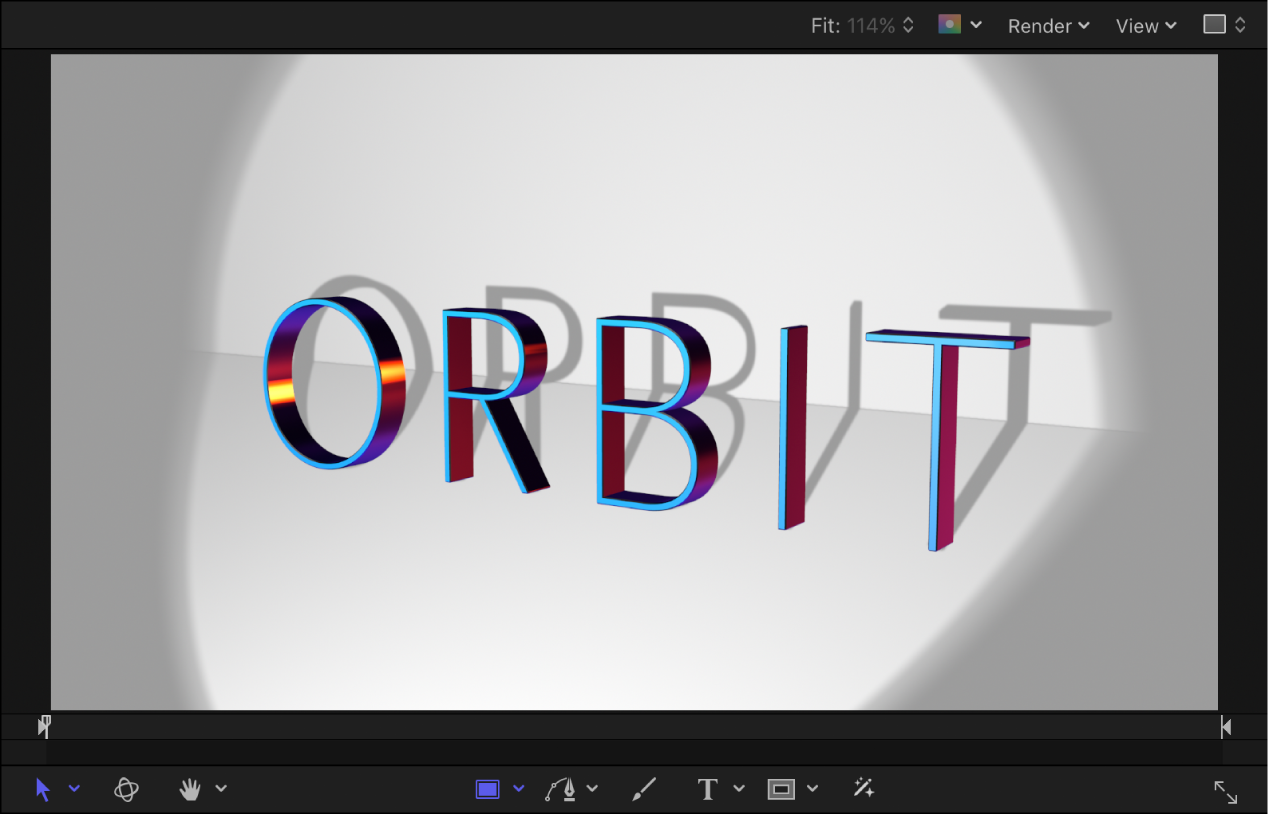 Texto 3D proyectando sombras sobre objetos del fondo en el lienzo