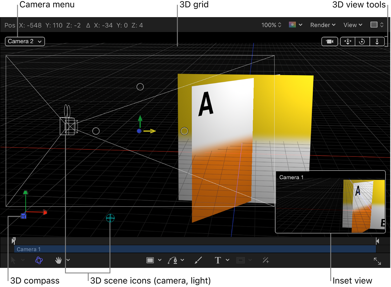 Lienzo y los controles 3D: Menú desplegable Cámara, herramientas de visualización 3D, iconos de escena 3D, cuadrícula 3D, brújula 3D y recuadro de visualización