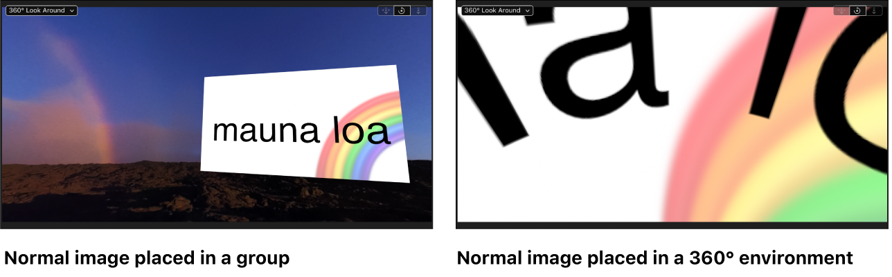 Una imagen equirrectangular mostrada correctamente en un entorno de 360° y una imagen estándar distorsionada en un entorno de 360°