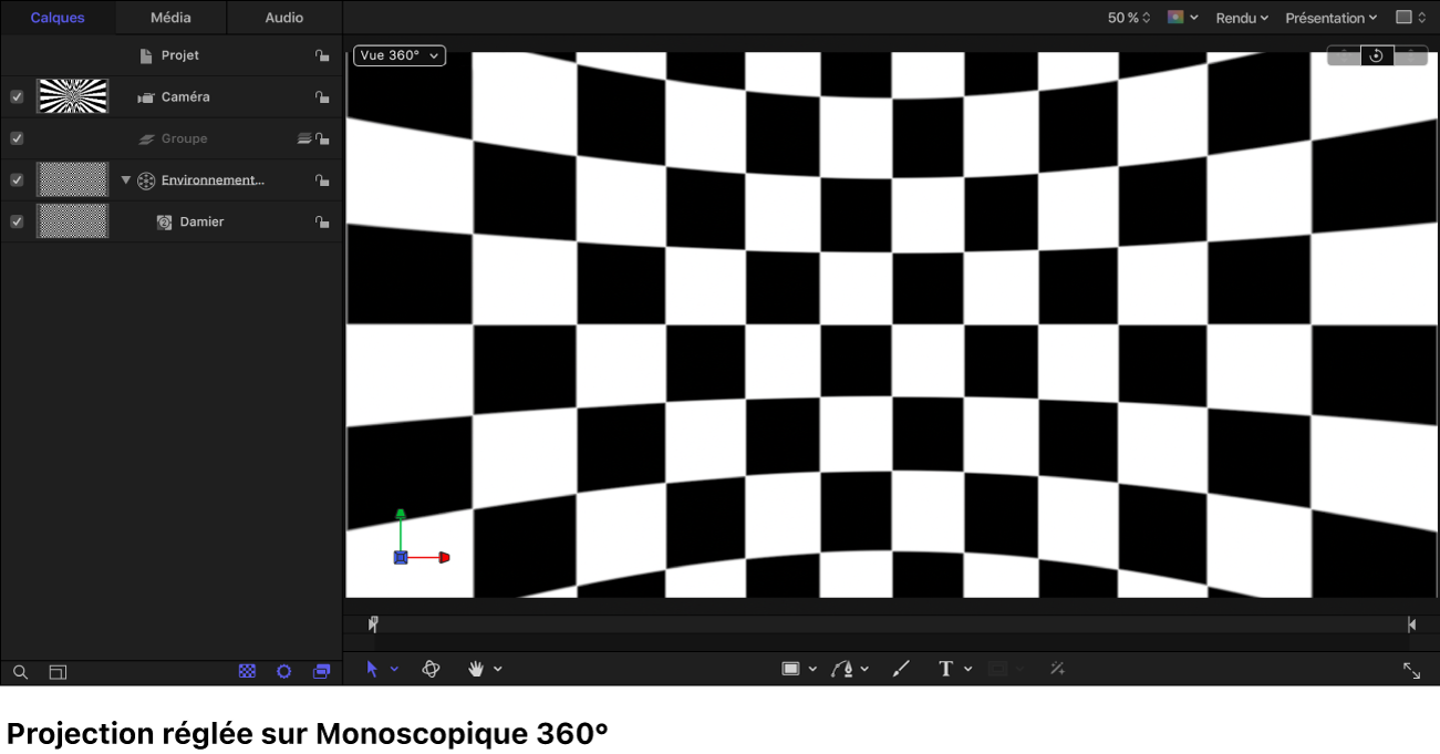 Canevas avec un générateur Damier affiché dans la projection monoscopique 360°