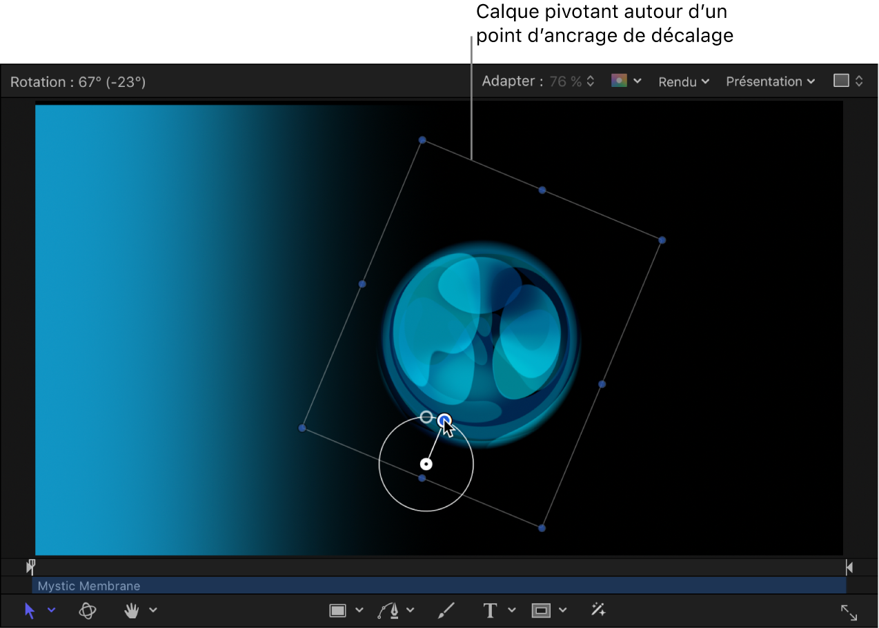 Canevas affichant un objet pivotant autour d’un point d’ancrage non centré