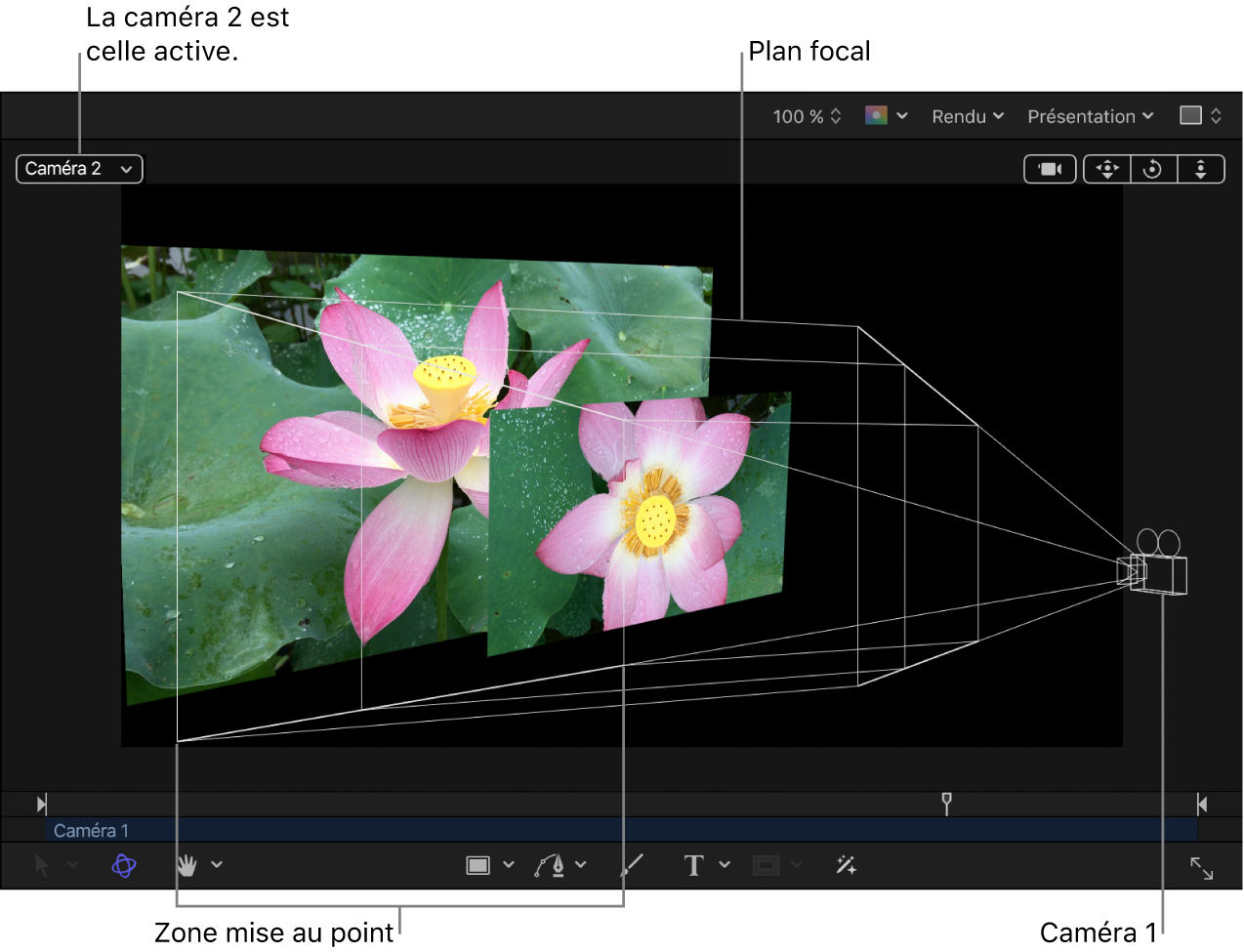 Canevas affichant le plan focal de la caméra et la zone mise au point
