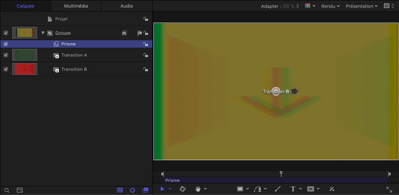 Canevas affichant l’effet du filtre Prisme sur la transition B