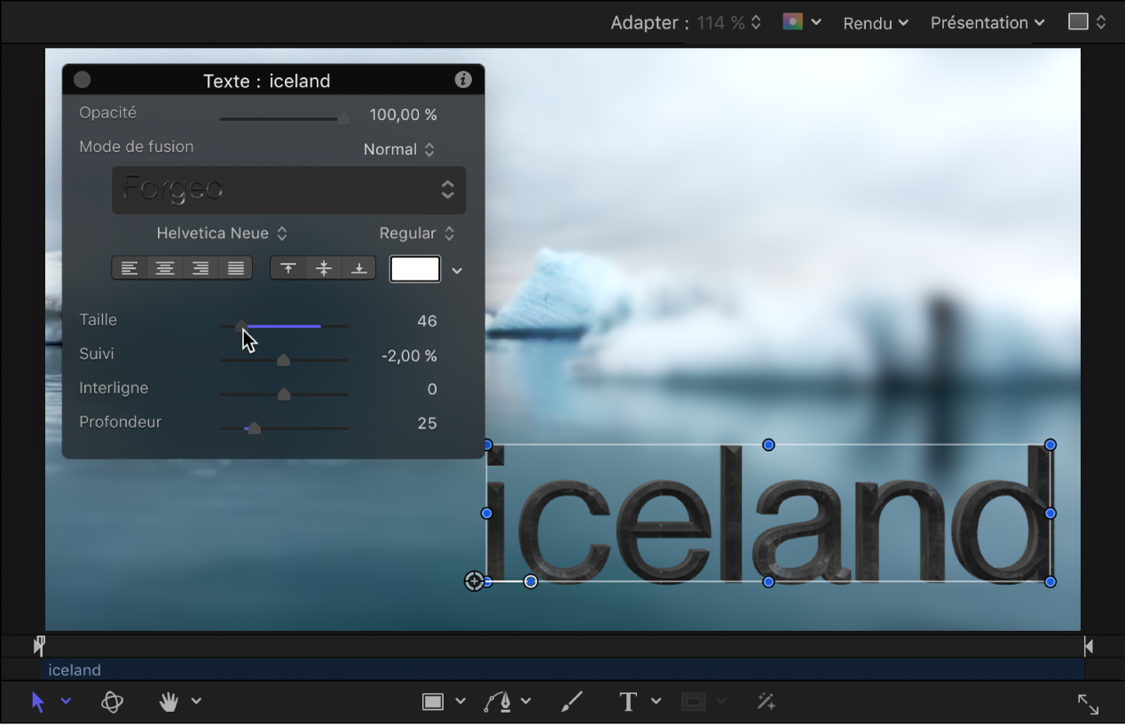 Ajustement dans la palette pour modifier la taille du texte 3D.