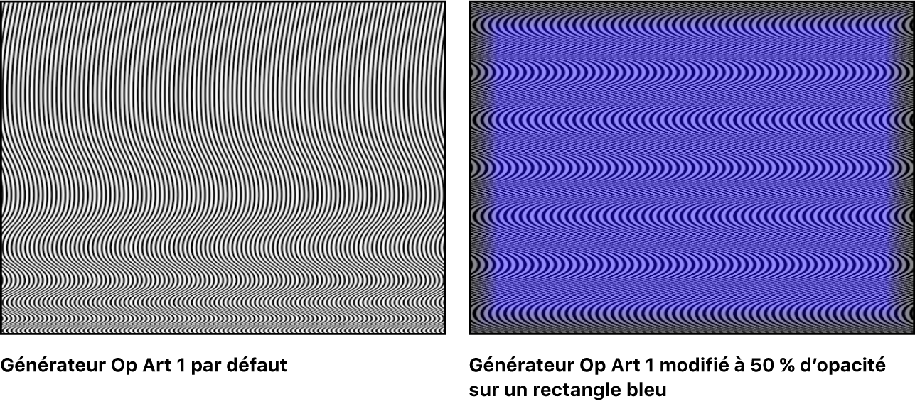 Canevas affichant le générateur Op Art 1, seul et combiné avec un rectangle bleu