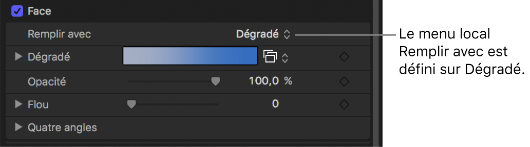 Inspecteur de texte avec menu local « Remplir avec » réglé sur Dégradé