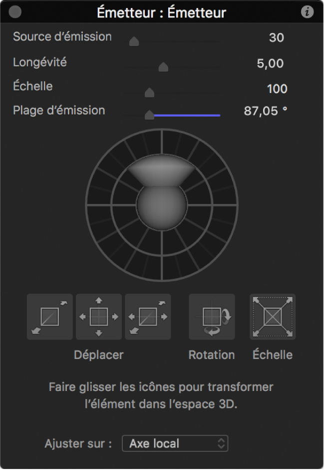 Palette affichant les commandes d’émetteur lorsque l’outil Ajuster transformation 3D est sélectionné
