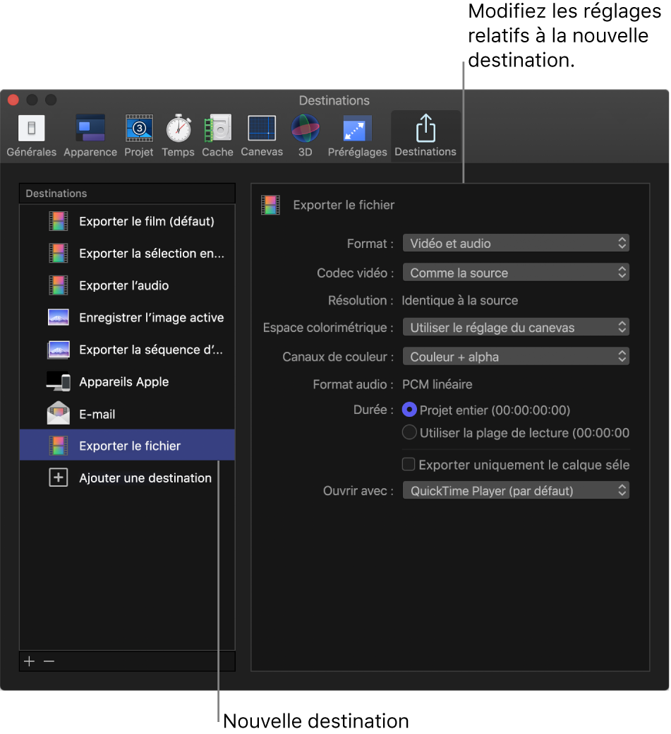 Fenêtre Réglages de Motion affichant la sous-fenêtre Destinations avec la destination « Exporter le fichier » sélectionnée dans la liste Destinations de gauche et les réglages correspondants affichés à droite