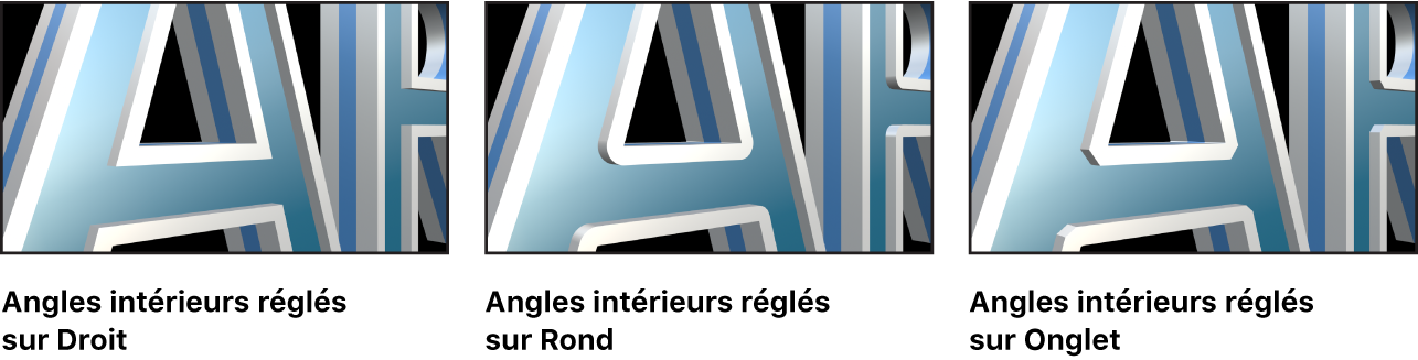 Texte 3D dans le canevas avec les Coins intérieurs réglés sur Droit, Rond et Angle