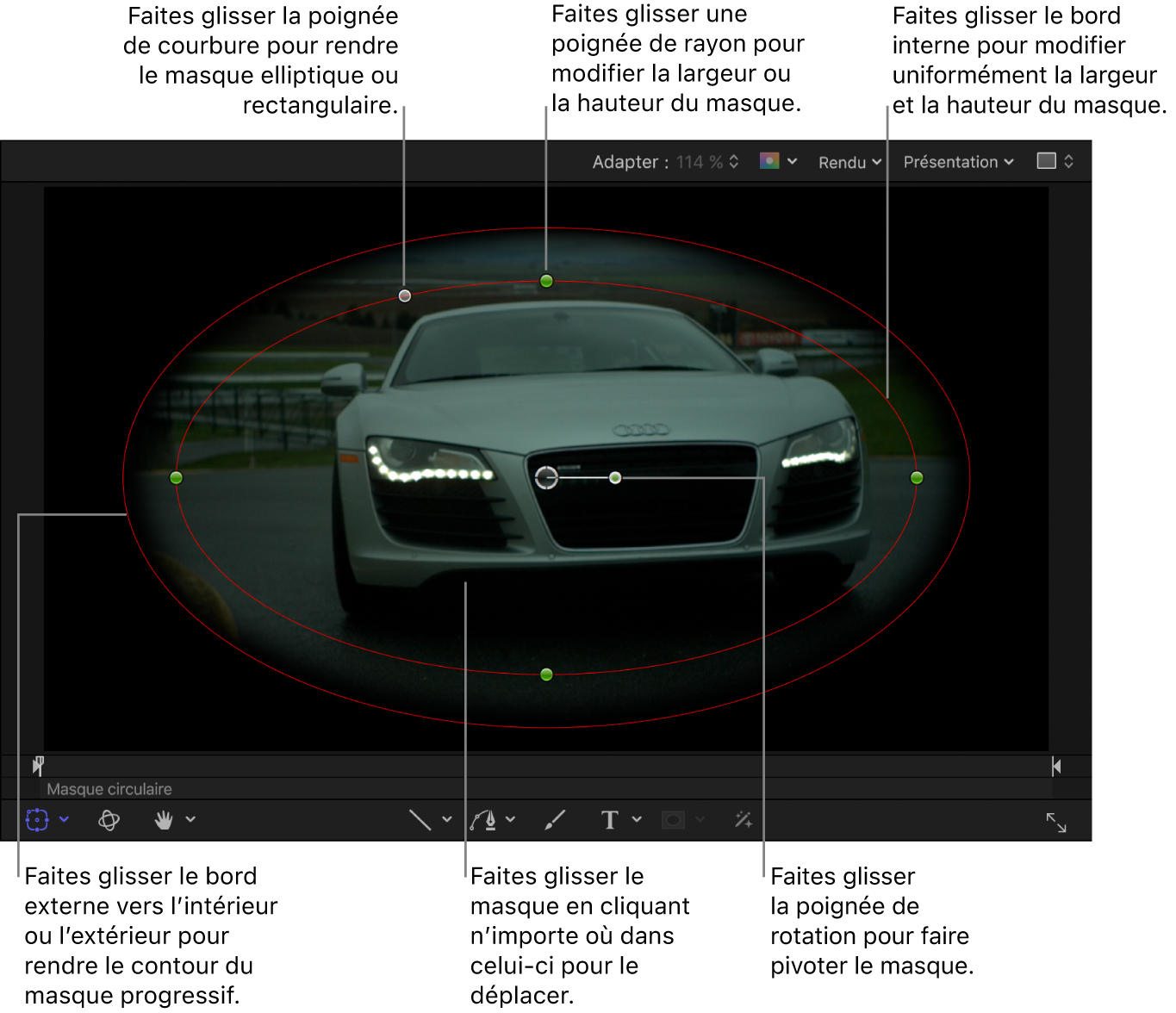 Commandes à l’écran permettant de régler la taille, le contour progressif, la courbure et la rotation d’un masque simple