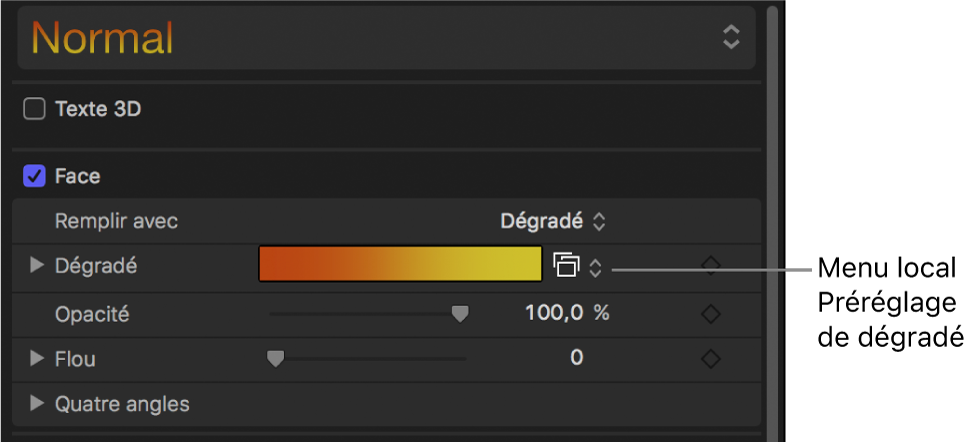 Menu local des dégradés prédéfinis qui s’affiche lorsque le menu local « Remplir avec » est réglé sur Dégradé