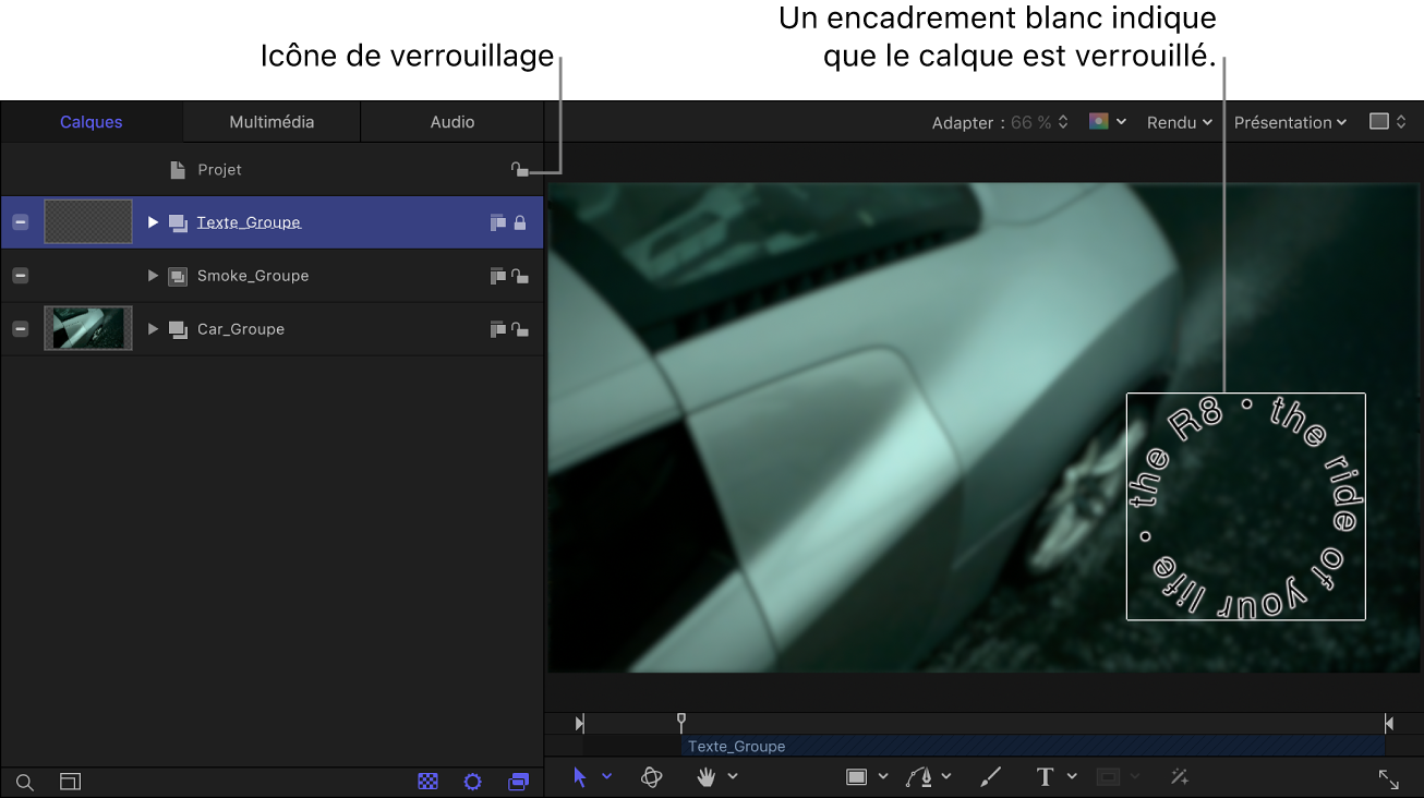 Liste Calques affichant une icône de verrouillage (cadenas) et canevas affichant un objet verrouillé