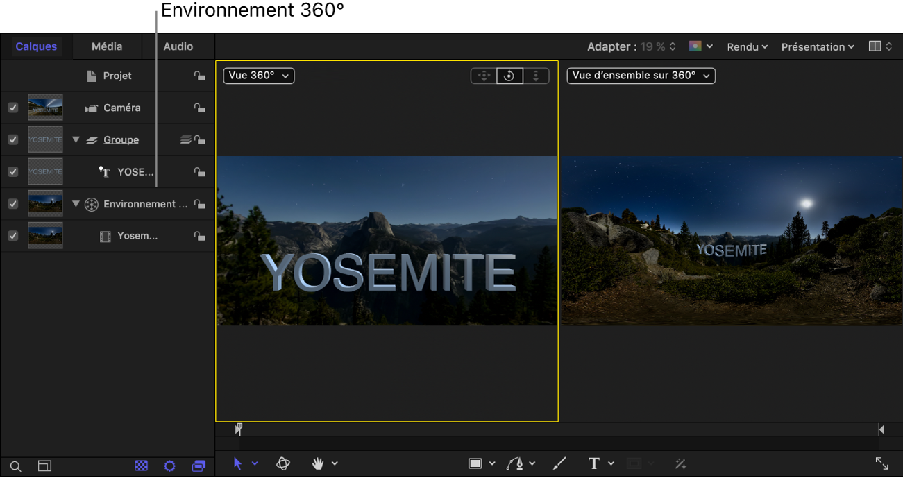 Projet affichant un environnement 360° dans la liste Calques