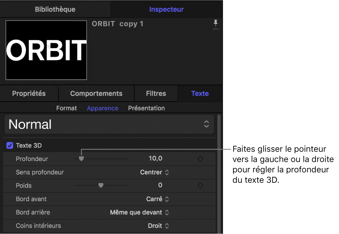 Paramètre Profondeur du texte 3D dans la fenêtre Apparence de l’inspecteur de texte