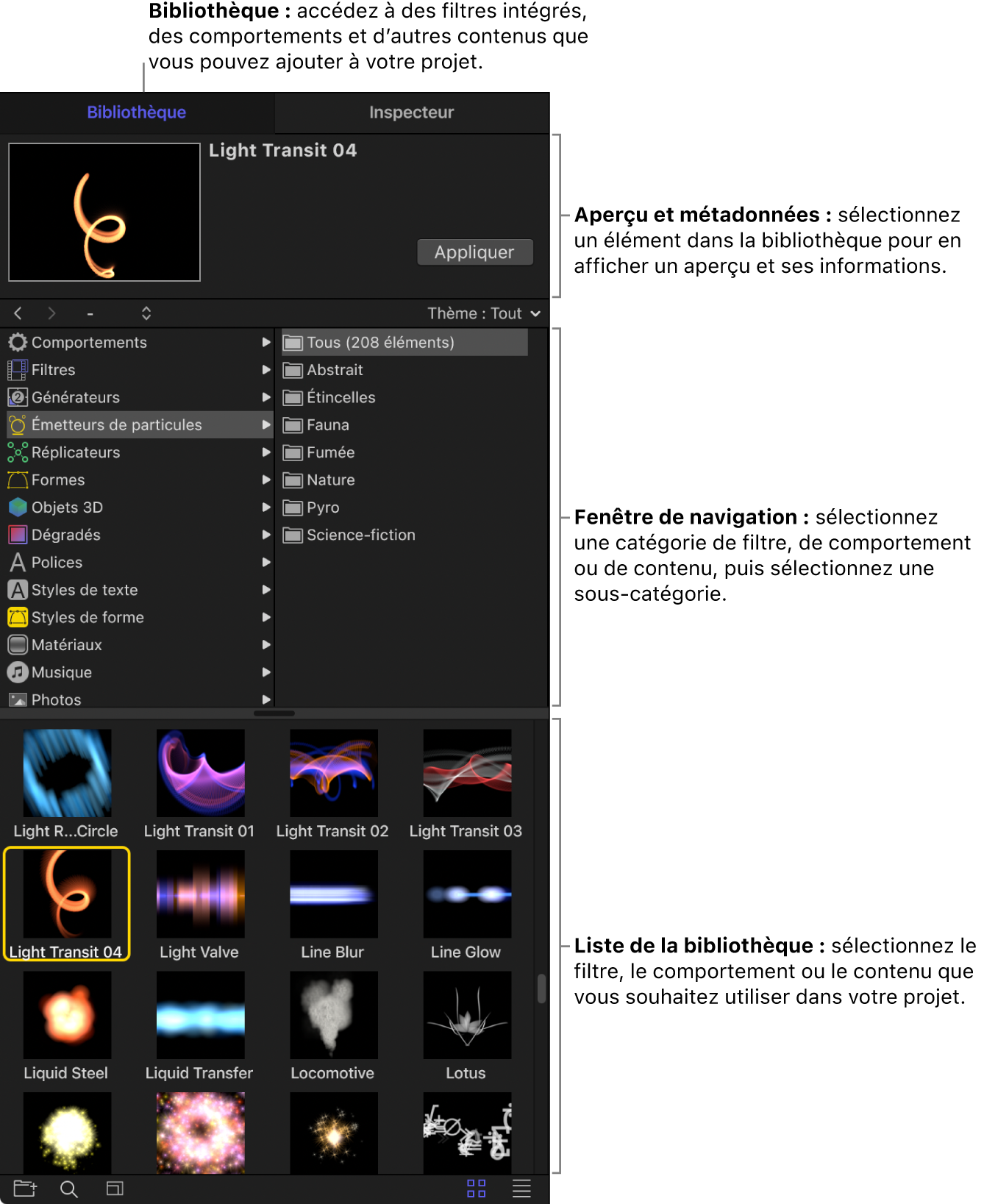 Bibliothèque affichant la zone d’aperçu et la catégorie Émetteurs de particules sélectionnée
