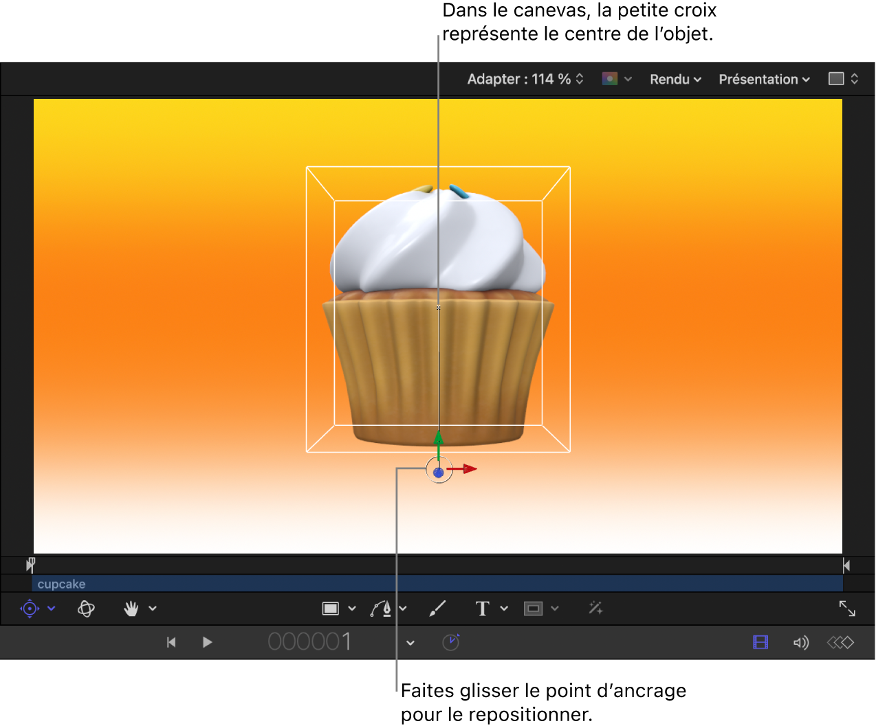 Canevas affichant le point d’ancrage de décalage de l’objet 3D, le point central de l’objet et les commandes à l’écran Point d’ancrage