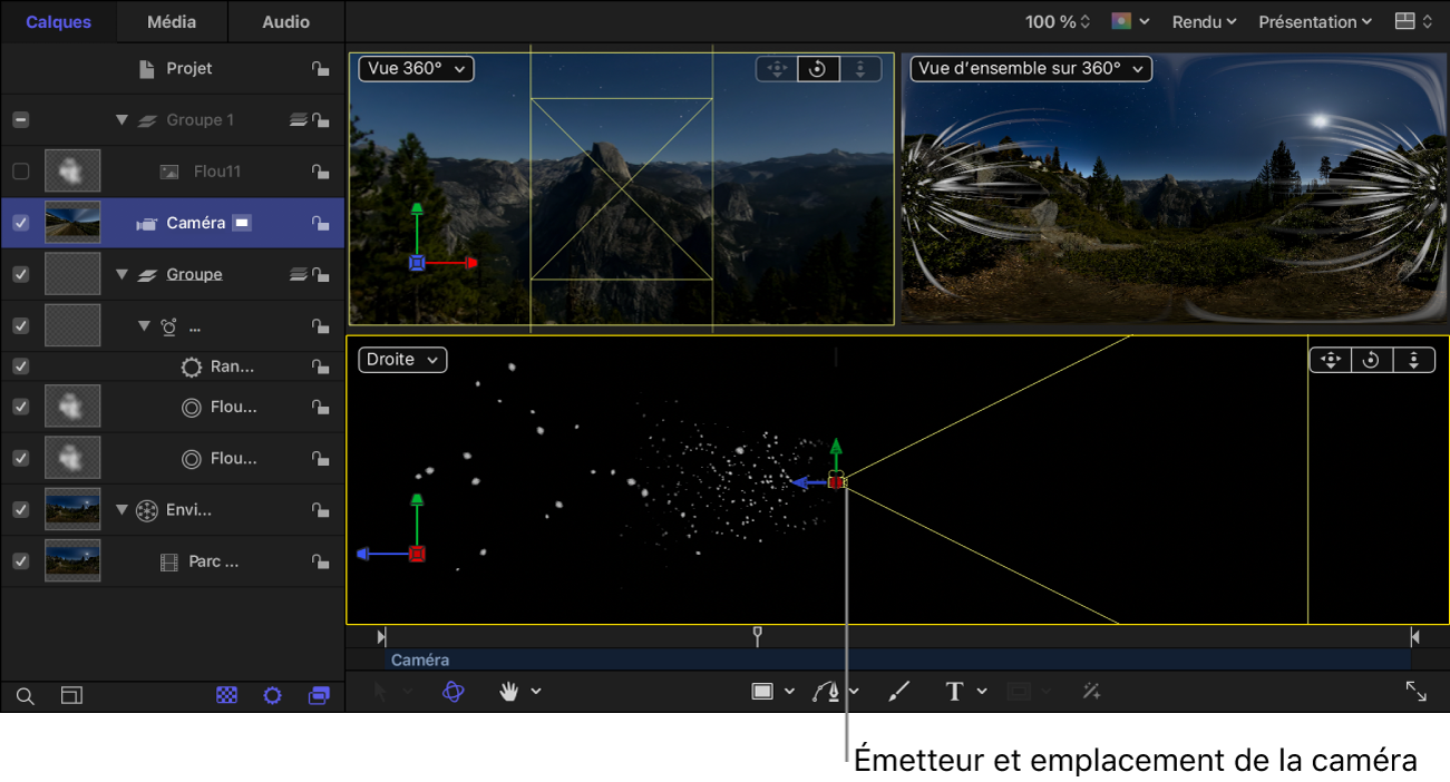 Présentation du canevas 3D montrant l’émetteur de particules et la caméra au même endroit