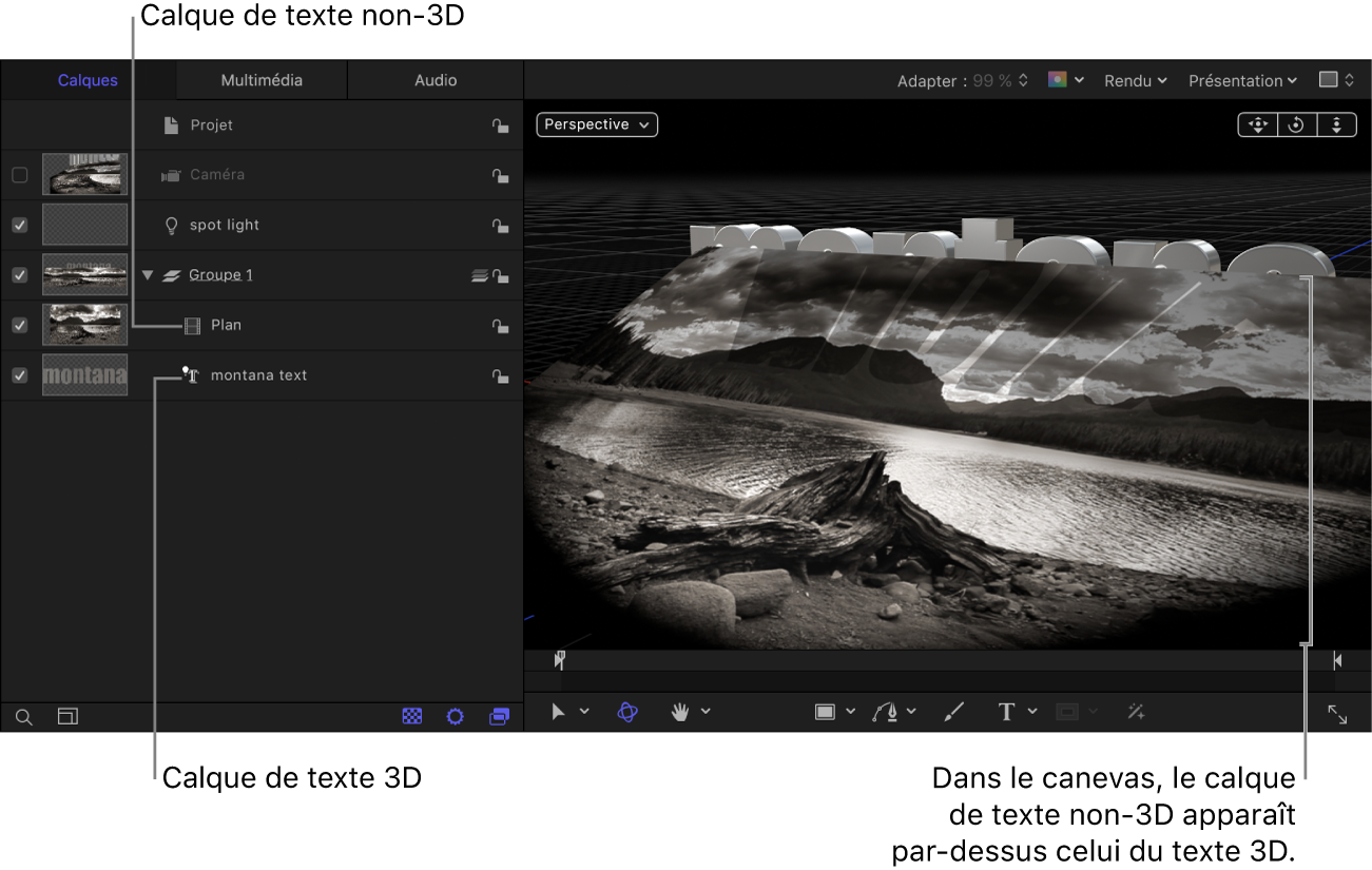 Calque de texte 3D sous le calque de texte non-3D dans la liste Calques ; ce dernier apparaît devant le calque de texte 3D dans le canevas.