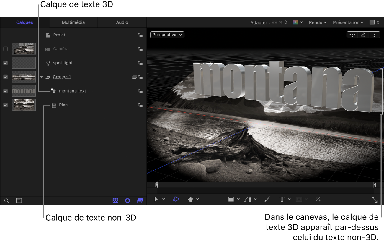 Calque de texte 3D situé au-dessus du calque de texte non-3D dans la liste Calques ; ce dernier apparaît derrière le calque de texte 3D dans le canevas.