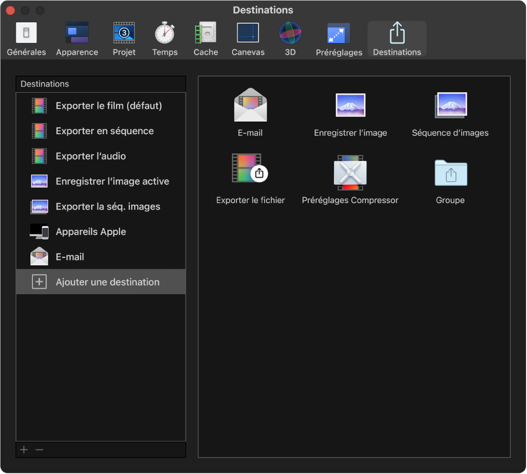 Fenêtre Réglages de Motion affichant la fenêtre Destinations