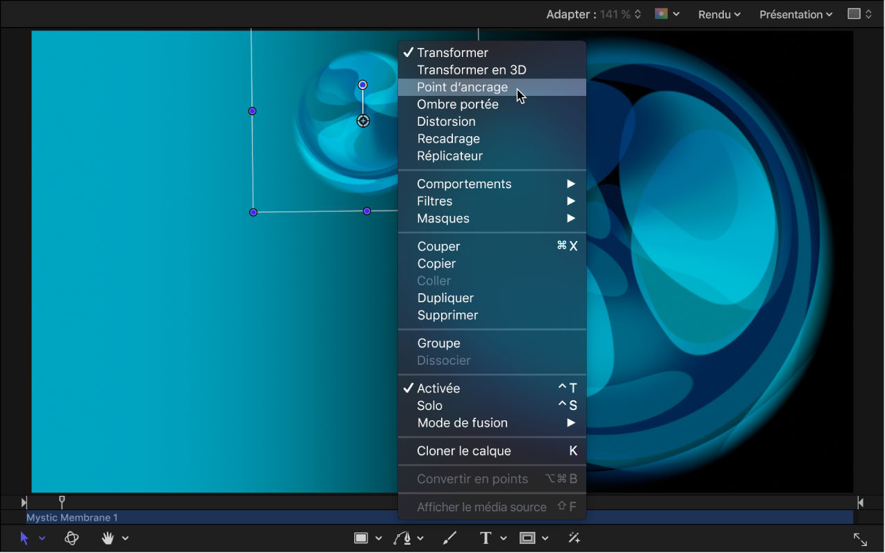 Menu contextuel dans le canevas