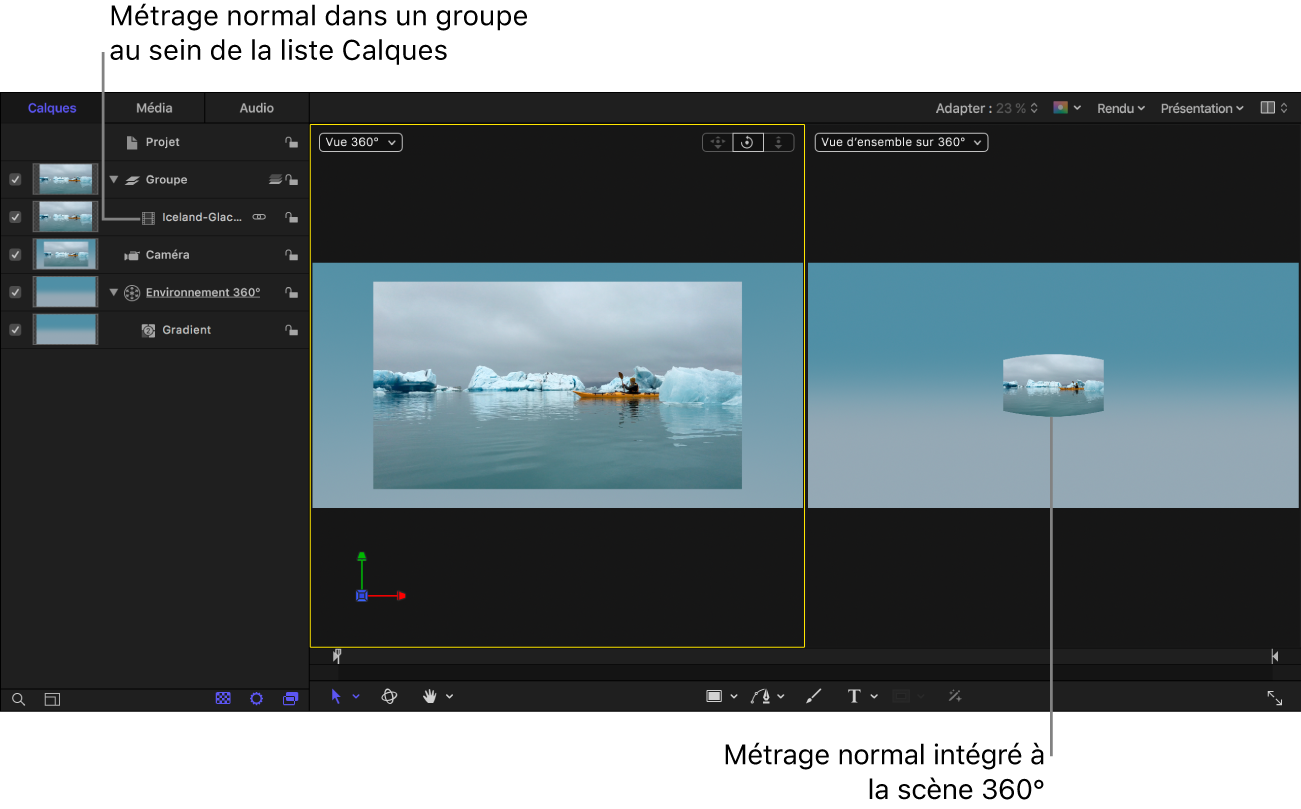 Métrage standard ajouté à un objet groupe du projet 360°