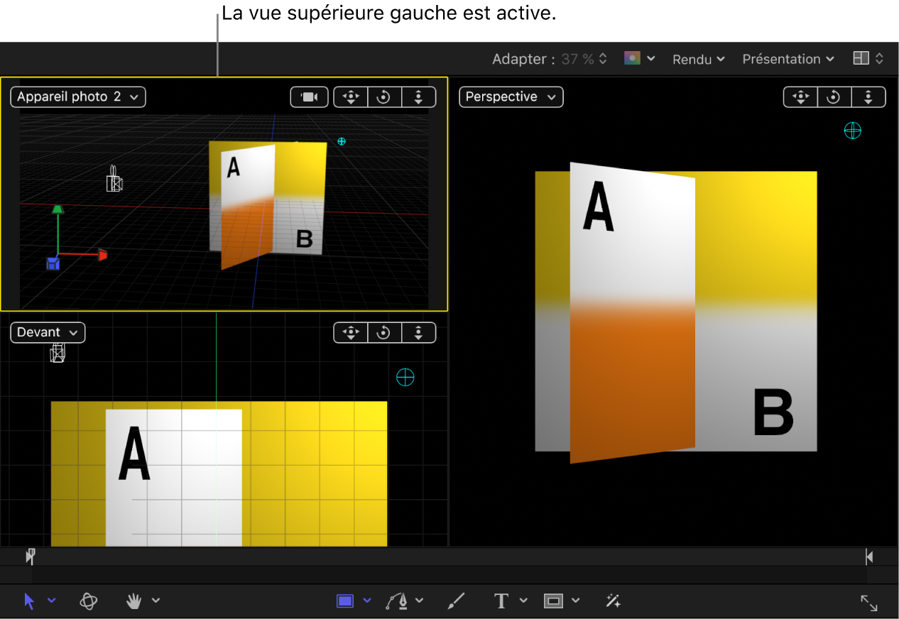 Canevas affichant une présentation à quatre fenêtres avec la vue supérieure droite active