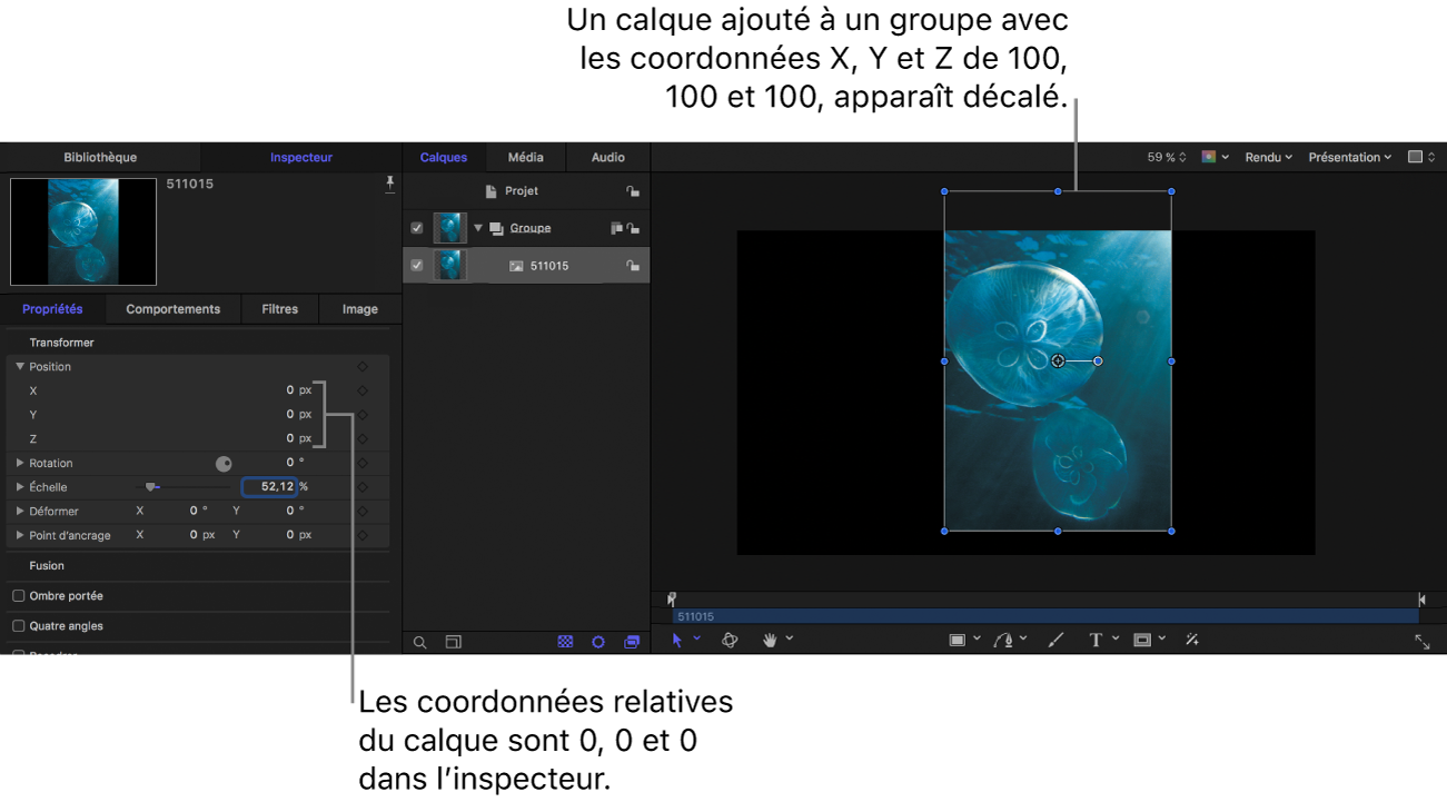 Canevas et inspecteur des propriétés affichant un calque placé dans un groupe aux coordonnées X = 100, Y = 100 et Z = 100 ; toutefois, les coordonnées du calque sont 0, 0, 0.