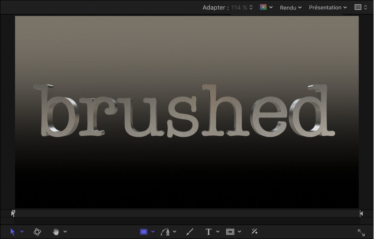 Objet texte 3D dans le canevas auquel sont appliqués le matériau Métal brossé et le style d’éclairage Au-dessus