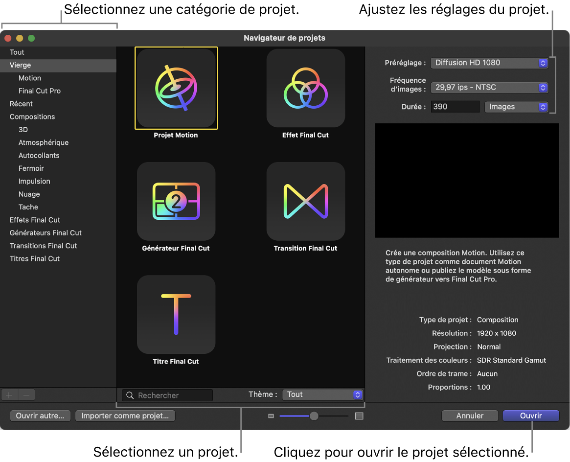 Navigateur de projets affichant la catégorie et le projet sélectionnés, les réglages du projet et le bouton Ouvrir