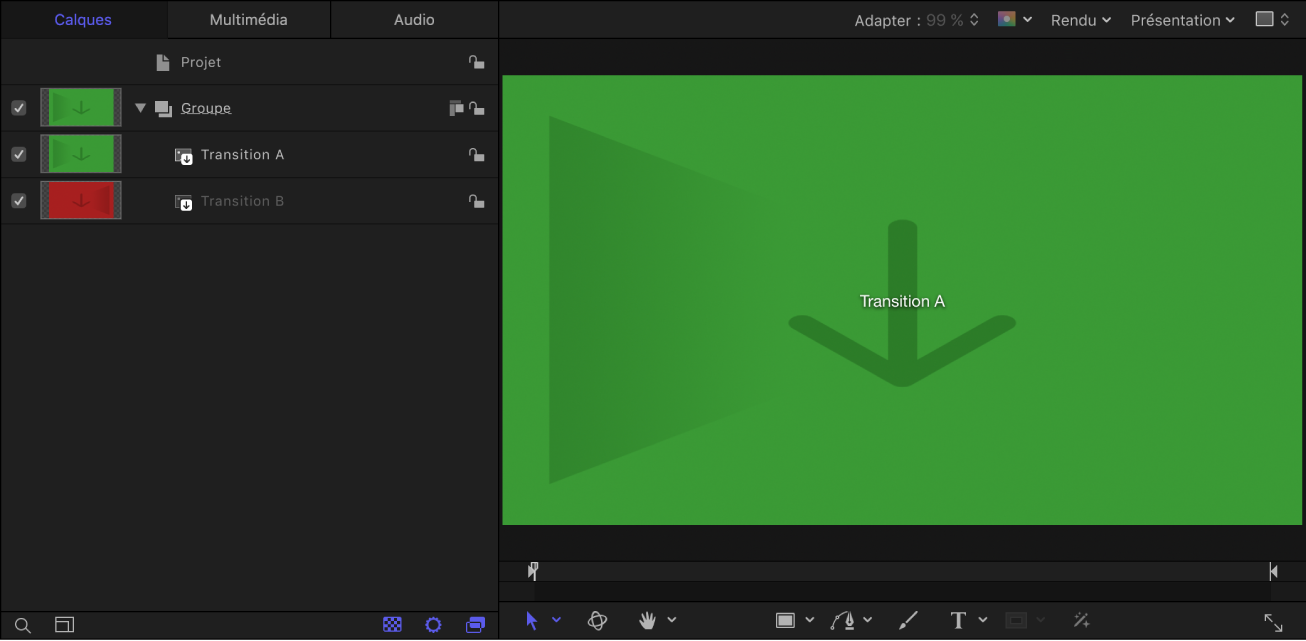 Nouveau projet de transition Final Cut affichant la liste Calques et le canevas