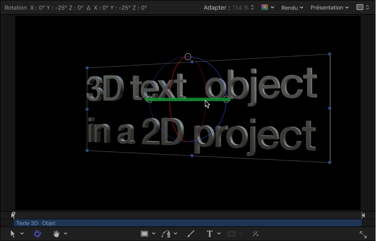 Canevas affichant un exemple de texte 3D en rotation dans un projet 3D