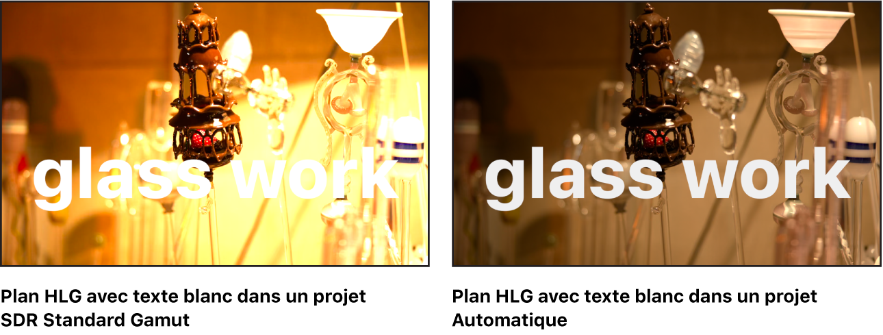 Canevas montrant les effets de basculer d’un projet « HDR Wide Gamut » à un projet Automatique.