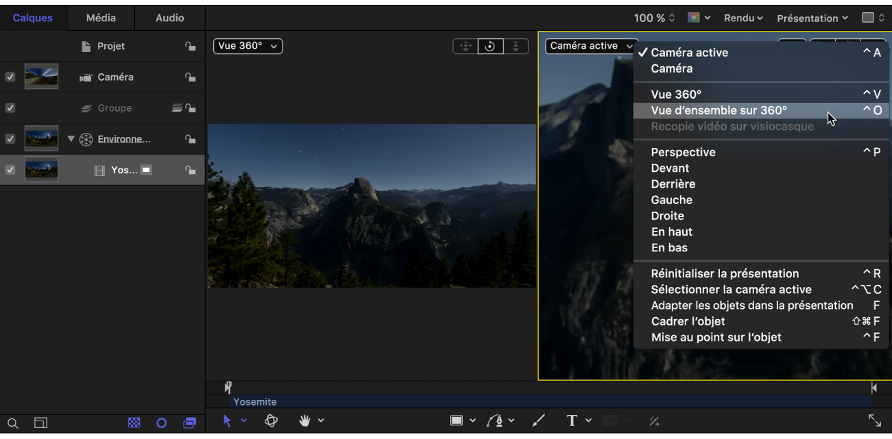 Sélection de l’option « Vue d’ensemble sur 360° » dans le menu local Caméra dans le canevas