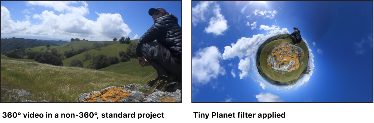360°素材での「タイニープラネット」フィルタの効果を示すキャンバス