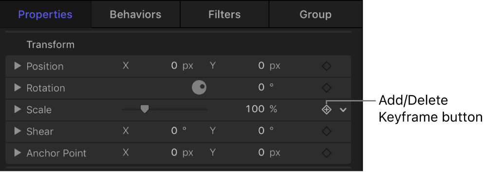 인스펙터의 ‘키 프레임 추가/삭제’ 버튼