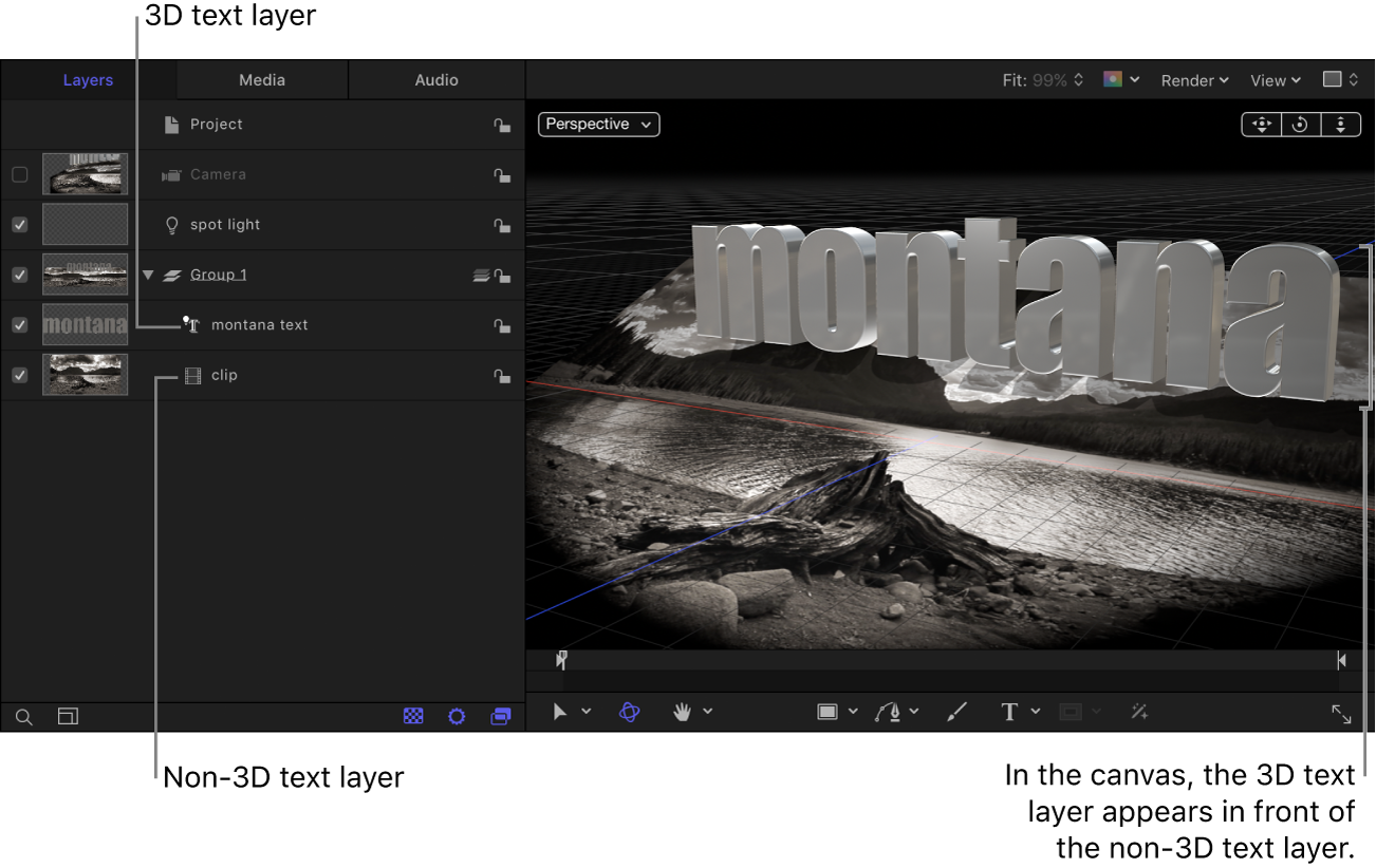 레이어 목록에서 비3D 텍스트 레이어 위의 3D 텍스트 레이어. 3D 텍스트 레이어가 캔버스의 3D 텍스트 레이어 뒤에 나타납니다.