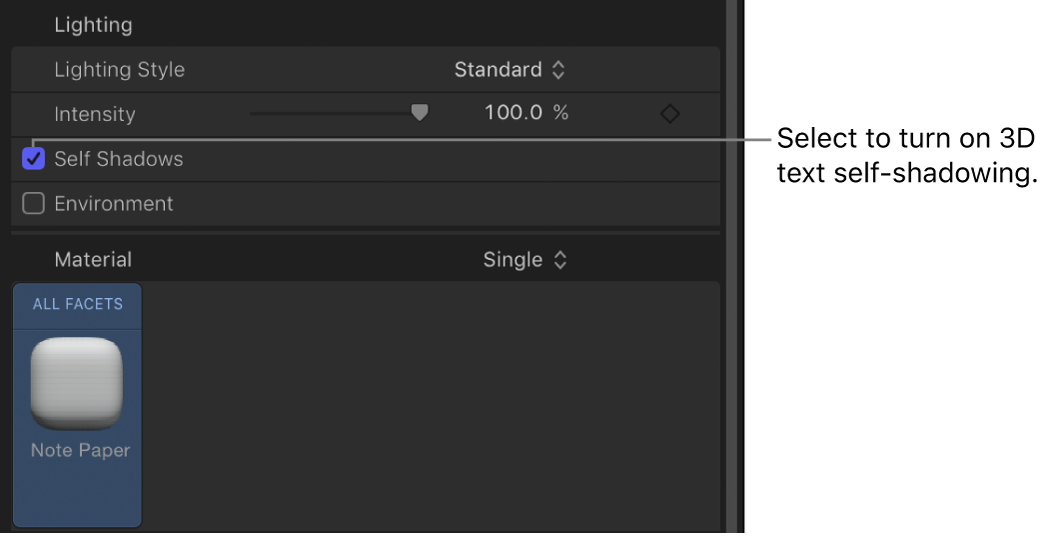 텍스트 인스펙터의 모양 패널에 있는 자체 그림자 매개변수