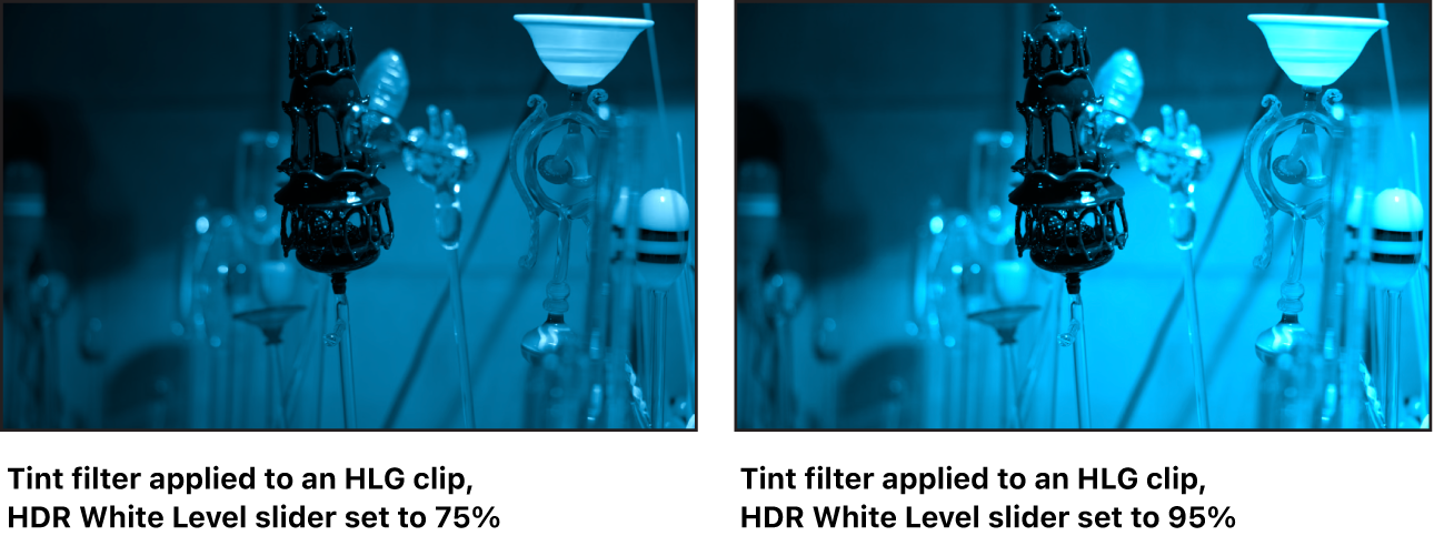 색조 필터에서 HDR 흰색 레벨 슬라이더를 조절하는 효과를 보여주는 캔버스.