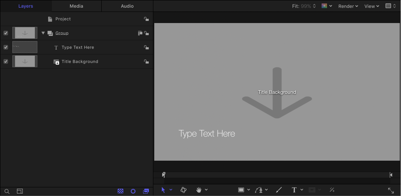 레이어 목록 및 캔버스가 표시된 새로운 Final Cut 타이틀 프로젝트