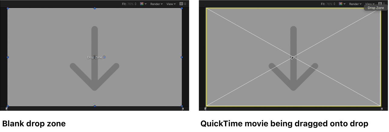 드롭존으로 드래그 중인 QuickTime 동영상이 표시된 캔버스