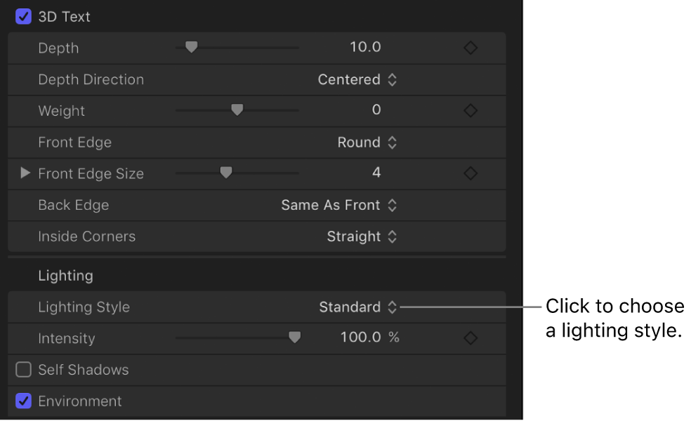 텍스트 인스펙터 모양 패널의 밝기 스타일 팝업 메뉴