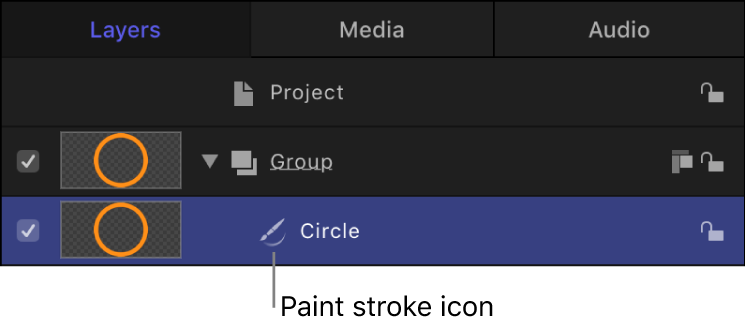 显示带有笔画图标的圆形形状的层列表