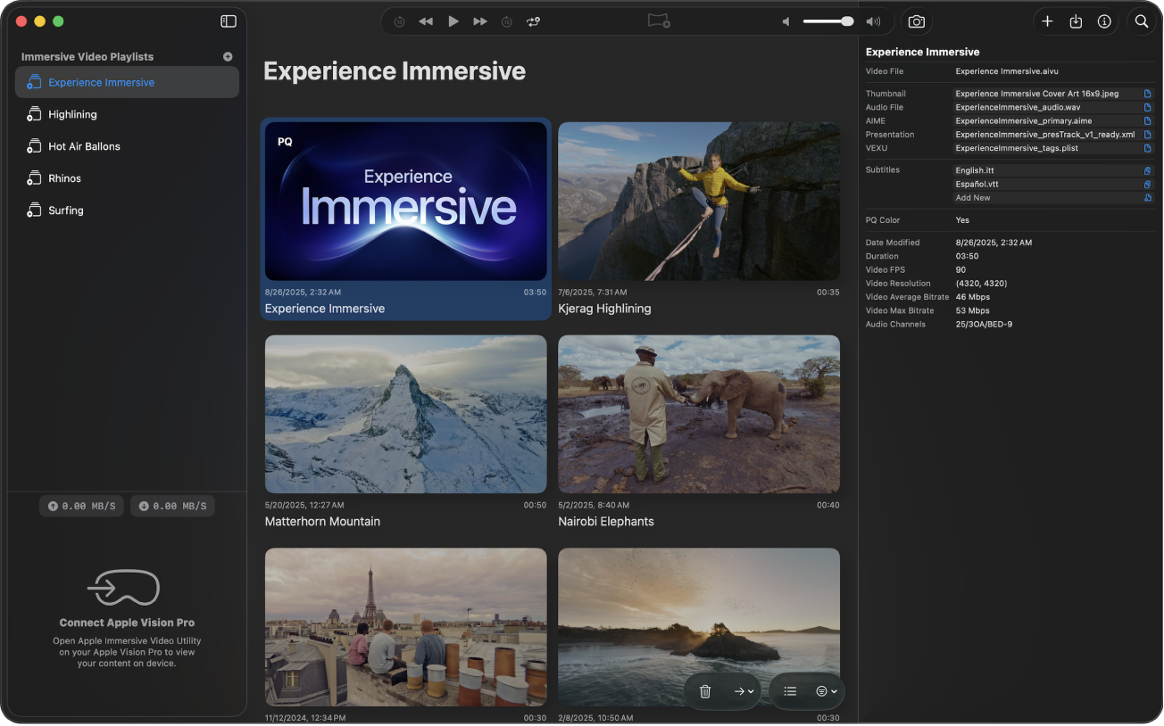 Das Fenster des Apple Immersive Video-Dienstprogramms mit einer Liste von Metadaten für eine Datei rechts neben der Playlist-Ansicht.