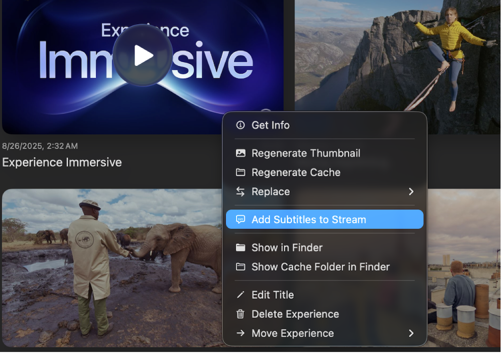 The menu that appears in Apple Immersive Video Utility when you Control-click a file. Add Subtitles to Stream is selected.
