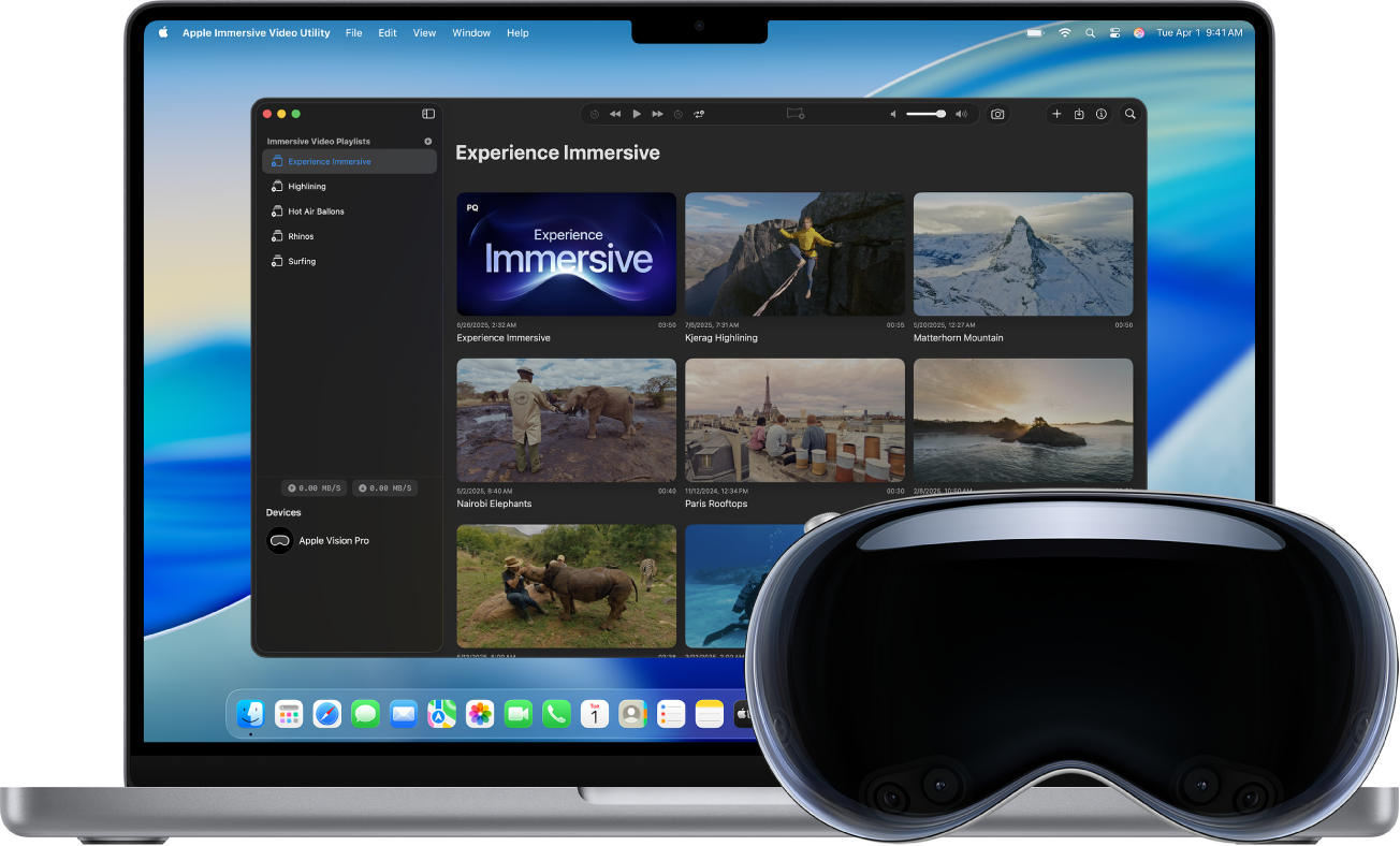 A Mac with Apple Immersive Video Utility open, next to Apple Vision Pro.