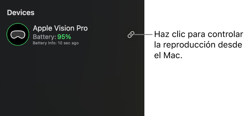 Barra lateral de la app Utilidad Apple Immersive Video del Mac con un Apple Vision Pro conectado. Se puede hacer clic en el botón Sincronizar de la derecha para controlar la reproducción del Apple Vision Pro desde el Mac.