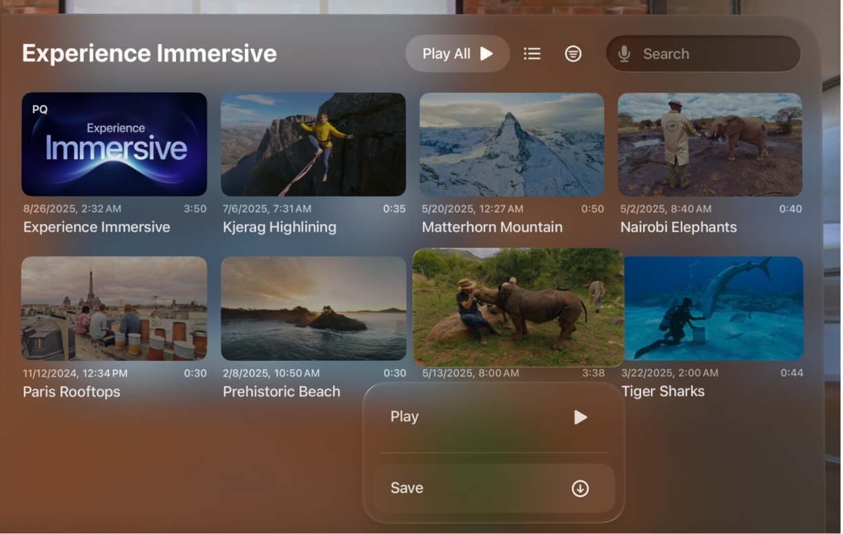Vista de playlist en la app Utilidad Apple Immersive Video del Apple Vision Pro. Se ha seleccionado un vídeo y la opción Guardar está resaltada en el menú.